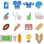 Set of colored vector icons for equipment and some elements for blue team of American football on white background.