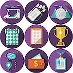 Vector collection of circle purple flat icons with long shadows with colored elements for golf on white background.