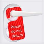 Red card handing from white door handle with text Please Do Not Disturb. Isolated vector illustration on gray background.