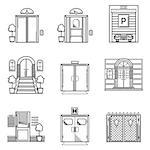 Set of black contour vector icons for different doors on white background