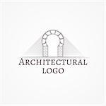 Design element with gray brick round arch line style icon with sample text for some architecture business on white background. Vector illustration