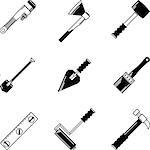 Black icons vector collection of construction or repair woodwork instruments and hand tools on white background.