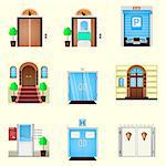 Colored icons vector collection of different types entrance doors on white background.