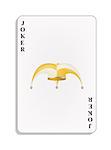 Playing card with joker hat on white background