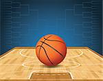 An illustration of a basketball on a court and a tournament bracket in the background. Vector EPS 10 available. EPS file is layered and contains transparencies.