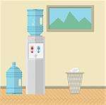 Gray water cooler with replacement bottle and paper trash can near the wall with a picture. Colored flat vector illustration for office.