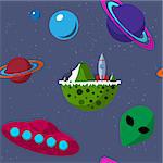 Seamless pattern with planets, UFO, alien, flying saucer and space rocket. Outer space theme.