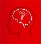 human brain in head with bulb on red gradient background