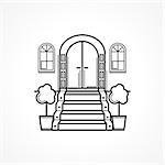 Black line single vector icon for arch front door with carpet stairs for some hotel or other residential building on white background