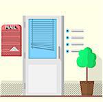 Gray doors with blue jalousie, red mail box with newspaper and decorative tree. Flat color vector illustration of some office or other interior.