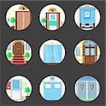 Set of colored round flat vector icons for doors in different places on black background.