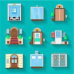 Different types doors for different situations. Set of flat colorful vector icons with shadow on blue background.