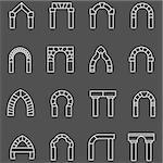 Set of white flat line vector icons for different types segmental archway on black background.