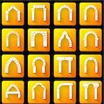 Set of square orange vector icons with white silhouette brick arch different types with shadow on black background.