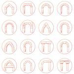 Set of circle red sketch vector icons for different types and styles of stone arches on white background.