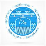 Round blue icon with white contour arch bridge with rope jumper and words Rope Jumping around for some extreme sport team. Isolated vector illustration on white background.