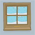 Cartoon snow and ice forming on window