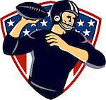 Illustration of an american quarterback football player passing ball set inside shield with stars and stripes in the background done in retro style.