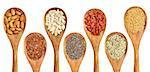 superfood abstract - isolated wooden spoons with almonds, red quinoa grain, pumpkin seeds, chia seeds, goji berry, hemp seed hearts, and golden flax seed