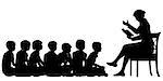 EPS8 editable vector silhouettes of a female teacher reading a story to her pupils with all figures as separate objects