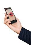 Phone speak concept. Man's hand holding phone with speaking woman's mouth in display.