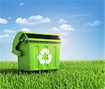 Green plastic trash recycling container ecology concept, with landscape background.