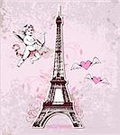 Vintage vector card with Eiffel Tower and cupid for Valentine's Day