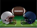 An illustration of an American Football field, helmets, and ball. Vector EPS 10 available. EPS file contains transparencies and gradient mesh. EPS is layered.