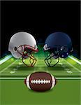 An illustration of American Football helmets clashing on a field with a ball. Vector EPS 10 available. EPS file contains transparencies and gradient mesh. EPS is layered.