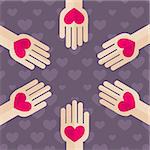 Flat Design Helping Hand with Hearts. Palm Holding Red Heart Vector Illustration