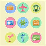 Flat Design Travel Icon Set with Luggage Airplane Palm Coctail Circle signs