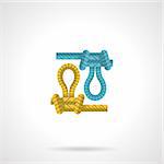 Flat icon for blue and yellow ropes with knots for rock climbing on white background.