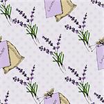 Health and Nature Collection. Seamless pattern with herbs and bags on spotted background. Lavender -  Lavandula angustifolia