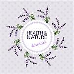 Health and Nature Collection. Badge template with a herb on spotted seamless background. Lavender -  Lavandula angustifolia