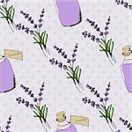 Health and Nature Collection. Seamless pattern with herbs and bottles with oil on spotted background. Lavender -  Lavandula angustifolia