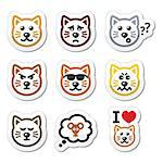 Vector icons set of cute cat characters expressing anger, happiness