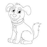 Cartoon puppy, vector illustration of cute dog wearing a collar with tag, coloring book page for children