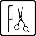 black hair salon sign with scissors and comb