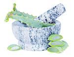 mortar with  aloe vera slices  isolated on white background