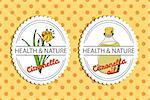 Health and Nature Collection. Badge templates with a herb and bottle with oil on spotted seamless background. Citronella - Cymbopogon citratus