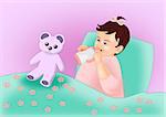 A little baby girl sitting in bed with a teddy bear and drinking from a feeding bottle