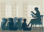 EPS8 editable vector illustration of a female teacher reading a story to her pupils sitting on the floor