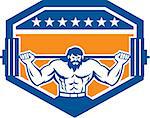 Illustration of a bodybuilder with beard lifting barbell viewed from the front set inside shield crest with stars on isolated background done in retro style.