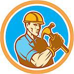 Illustration of a builder construction worker holding hammer set inside circle on isolated background done in retro style.