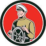 Illustration of a fisherman sea captain at the wheel helm looking to the side set inside circle on isolated background done in retro style.