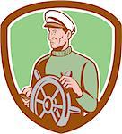 Illustration of a fisherman sea captain at the wheel helm looking to the side set inside circle on isolated background done in retro style.