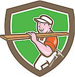 Illustration of a carpenter builder with hammer carrying timber wood on shoulder set inside shield crest on isolated background done in cartoon style.