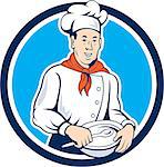 Illustration of a chef cook holding spoon and bowl et inside circle on isolated background done in cartoon style.