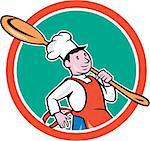 Illustration of a chef cook marching holding spoon over shoulder set inside circle on isolated background done in cartoon style.