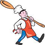 Illustration of a chef cook marching holding spoon over shoulder on isolated white background done in cartoon style.